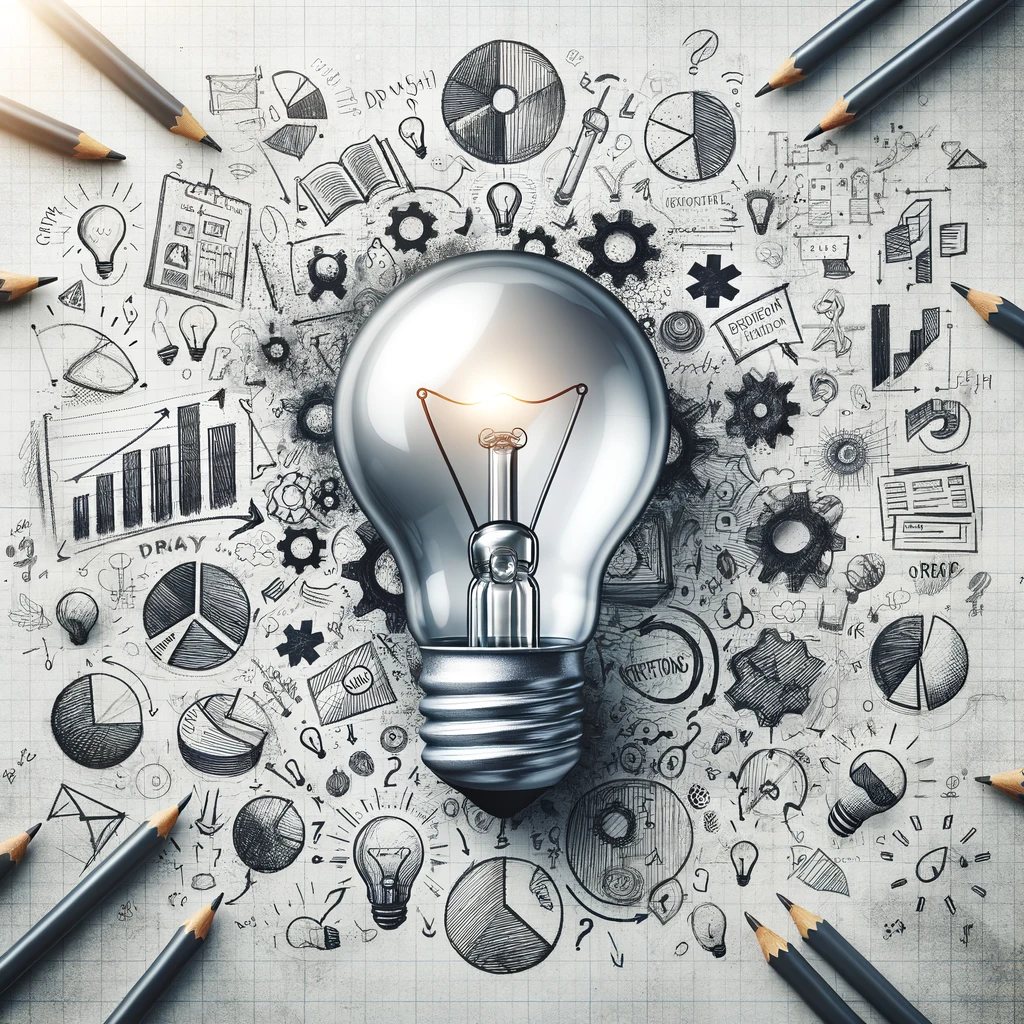 A picture of a lightbulb with multiple sketches, symbolizing trial and error leading to a bright idea.