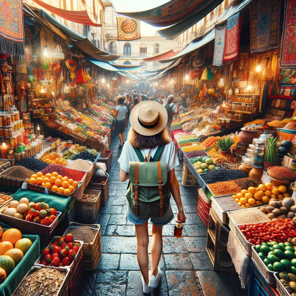 A captivating image of someone exploring a vibrant market in a foreign country, surrounded by a variety of colors and activities.