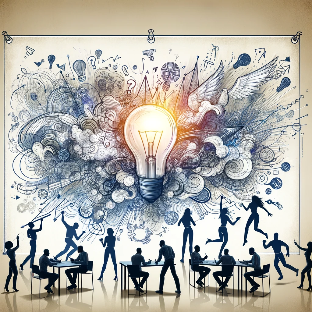 A brainstorming session with people drawing on a whiteboard, showcasing the dynamic energy of collaboration.
