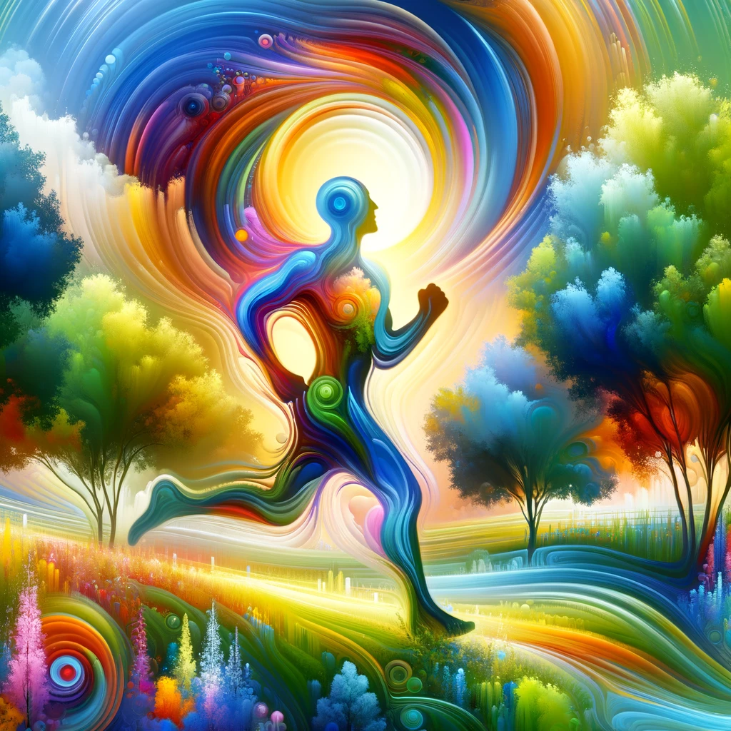 A cheerful person jogging through a park, depicting the connection between physical wellness and mental clarity.
